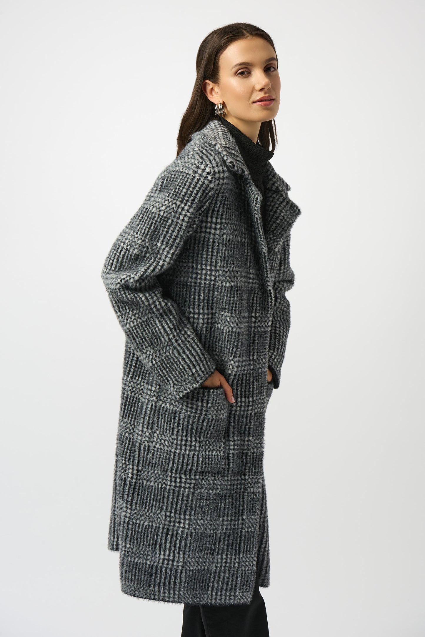 Joseph Ribkoff Feather Yarn Plaid Jacquard Coat with Faux Fur Trim