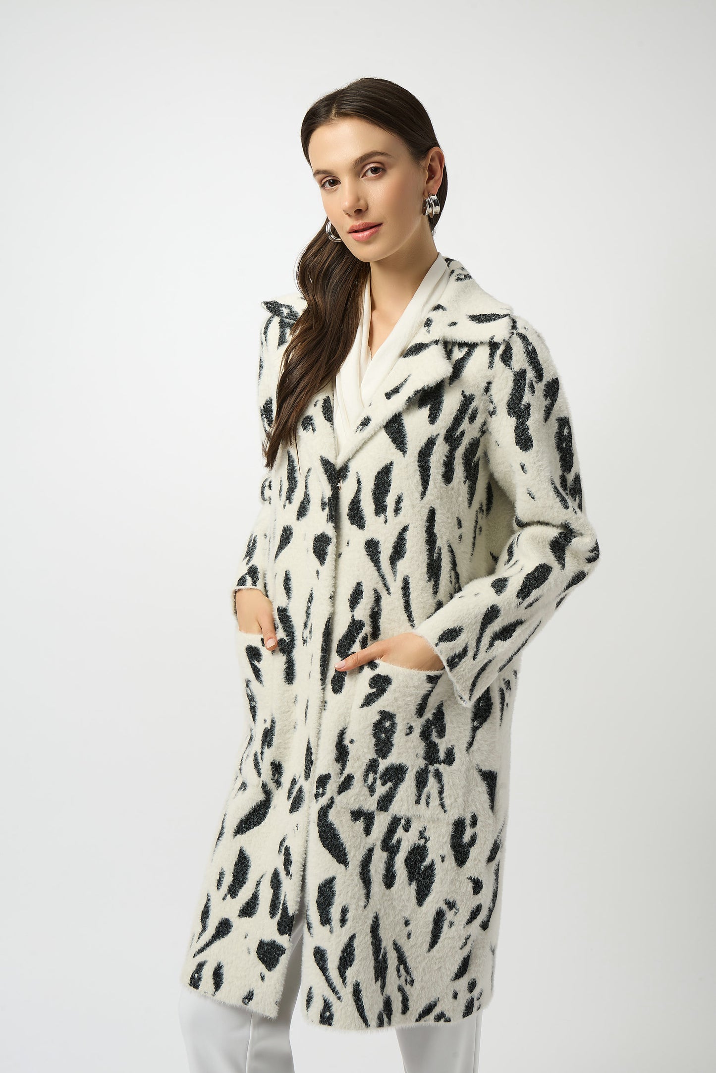 Joseph Ribkoff Feather Yarn Animal Jacquard Coat with Faux Fur Trim