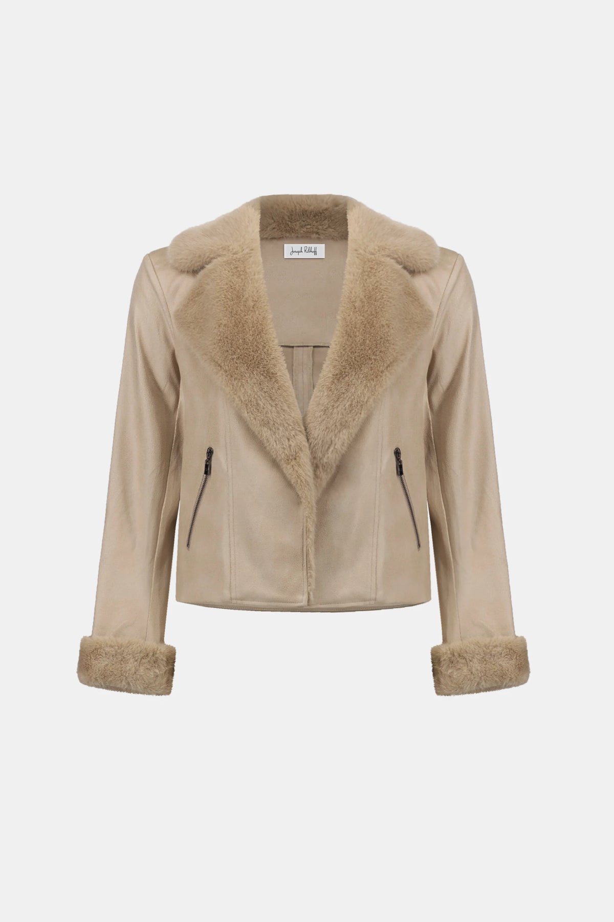 Product-only view of Joseph Ribkoff Faux Fur Trim Moto Jacket in Soft Taupe, style 263909
