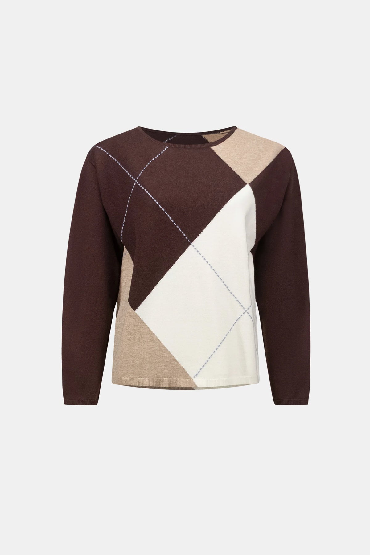 Product-only view of Joseph Ribkoff Argyle Pattern Crewneck Sweater in Mocha/Multi, style 263948