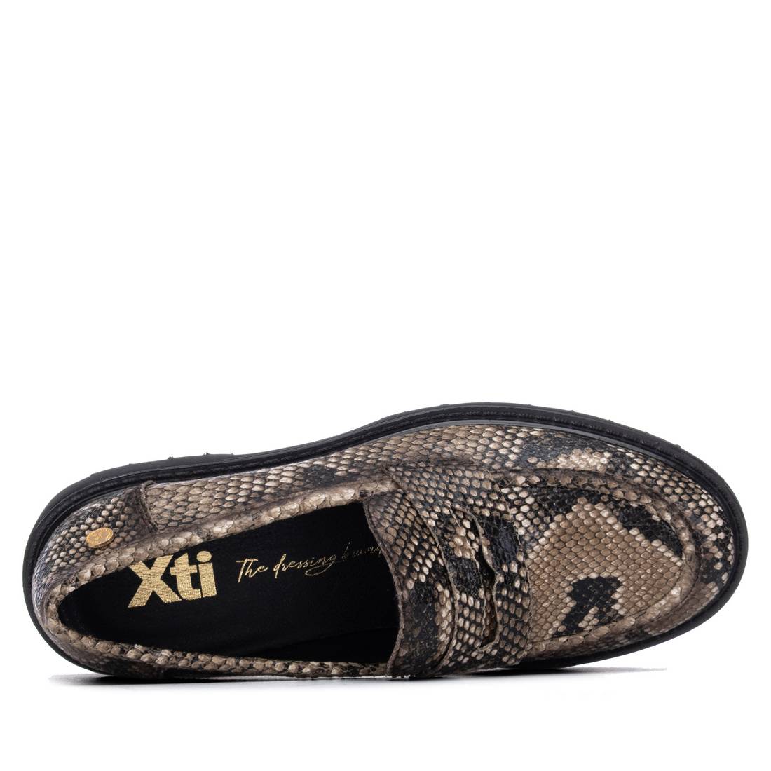 Top view of XTI 14625501 Snake Print loafer showing upper and fastening