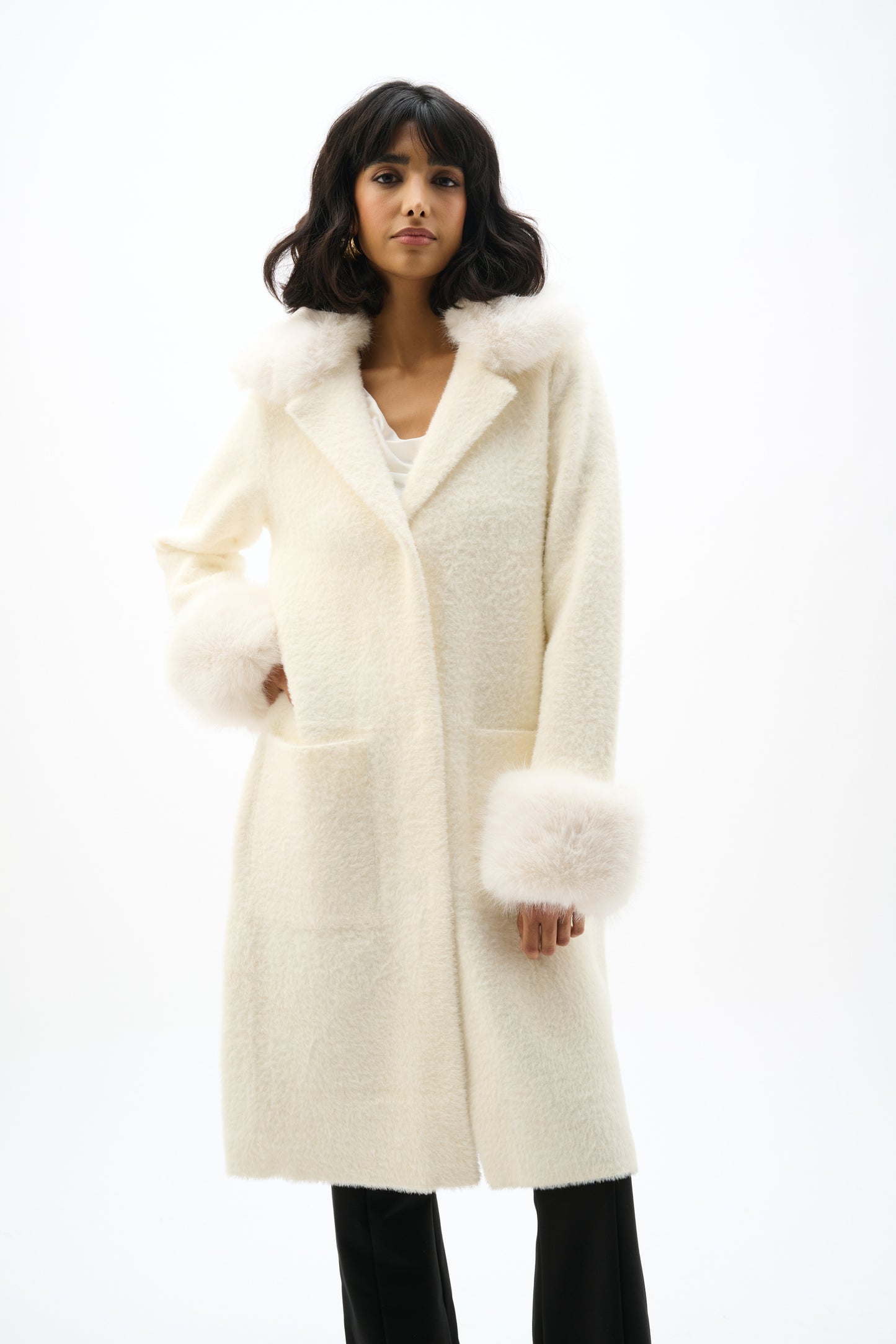 Joseph Ribkoff Feather Yarn and Faux Fur Sweater Coat