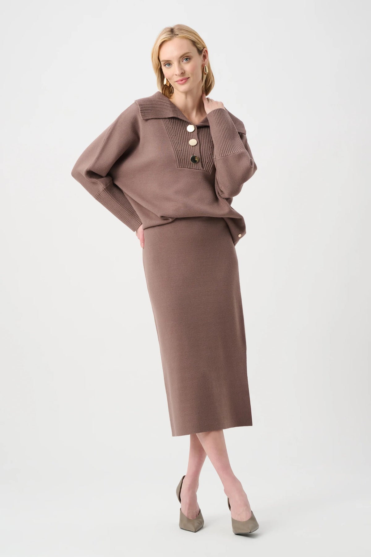 Joseph Ribkoff Sweater Knit Midi Skirt in Mink, style 243967F26 shown from the front