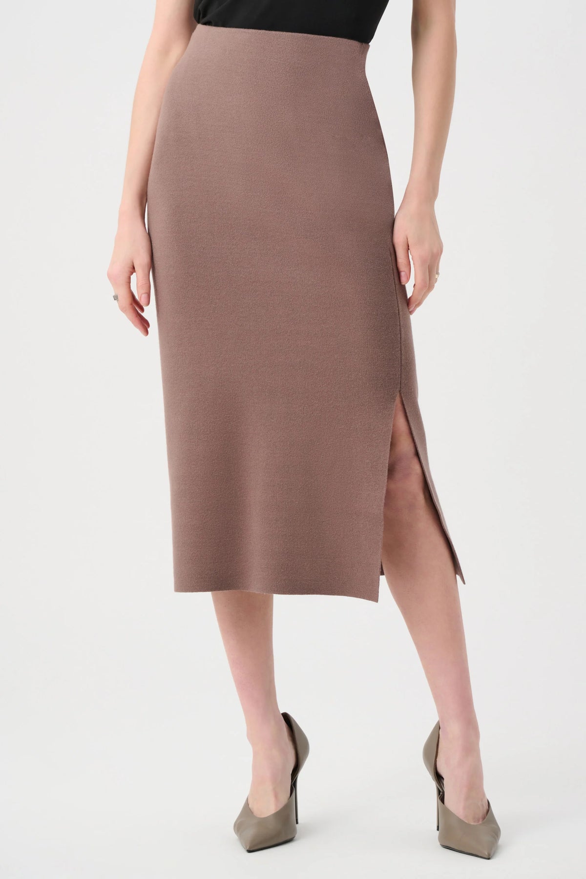 Joseph Ribkoff Sweater Knit Midi Skirt in Mink, style 243967F26 shown at a three-quarter angle