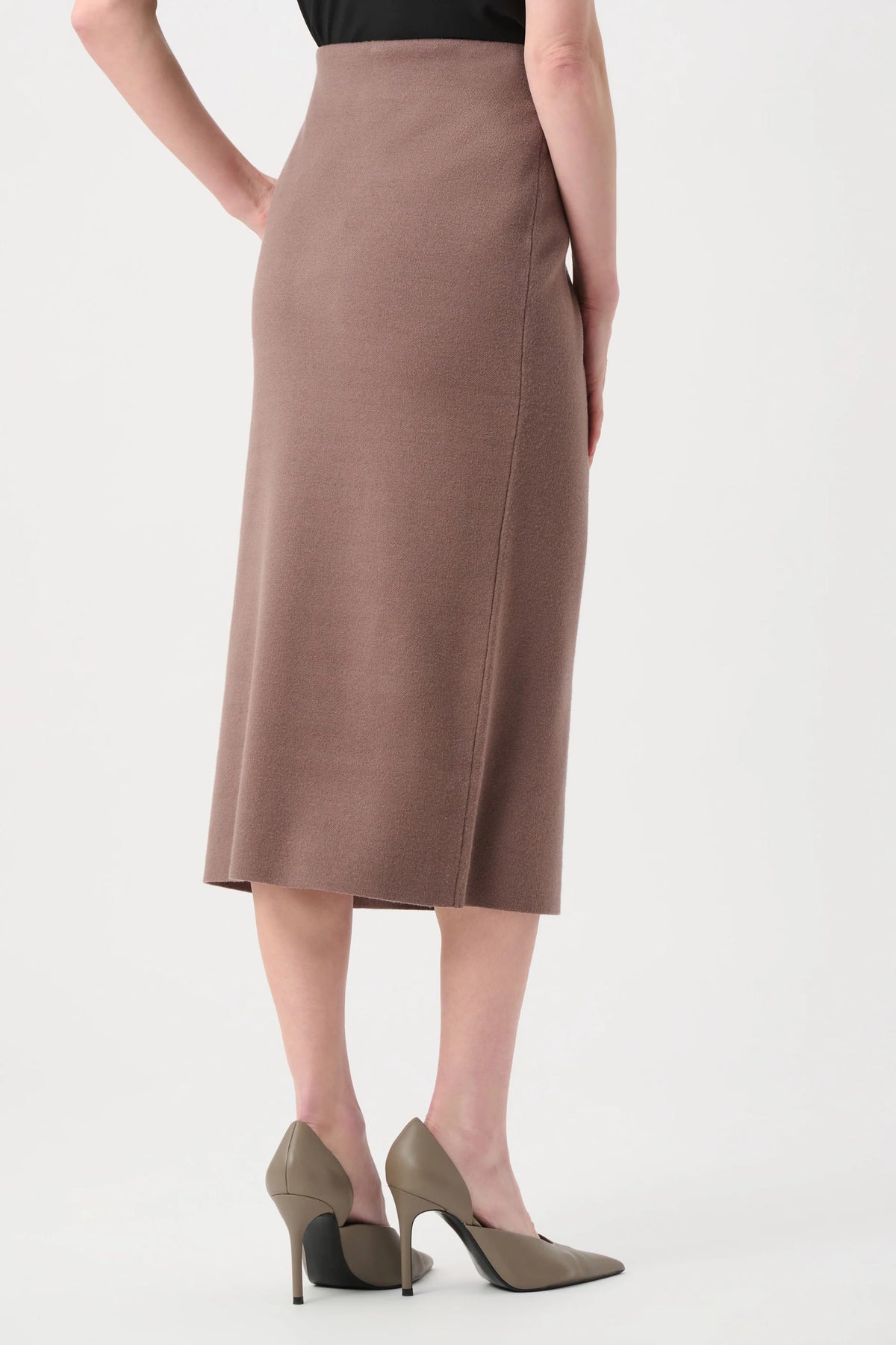 Joseph Ribkoff Sweater Knit Midi Skirt in Mink, style 243967F26 shown from the back