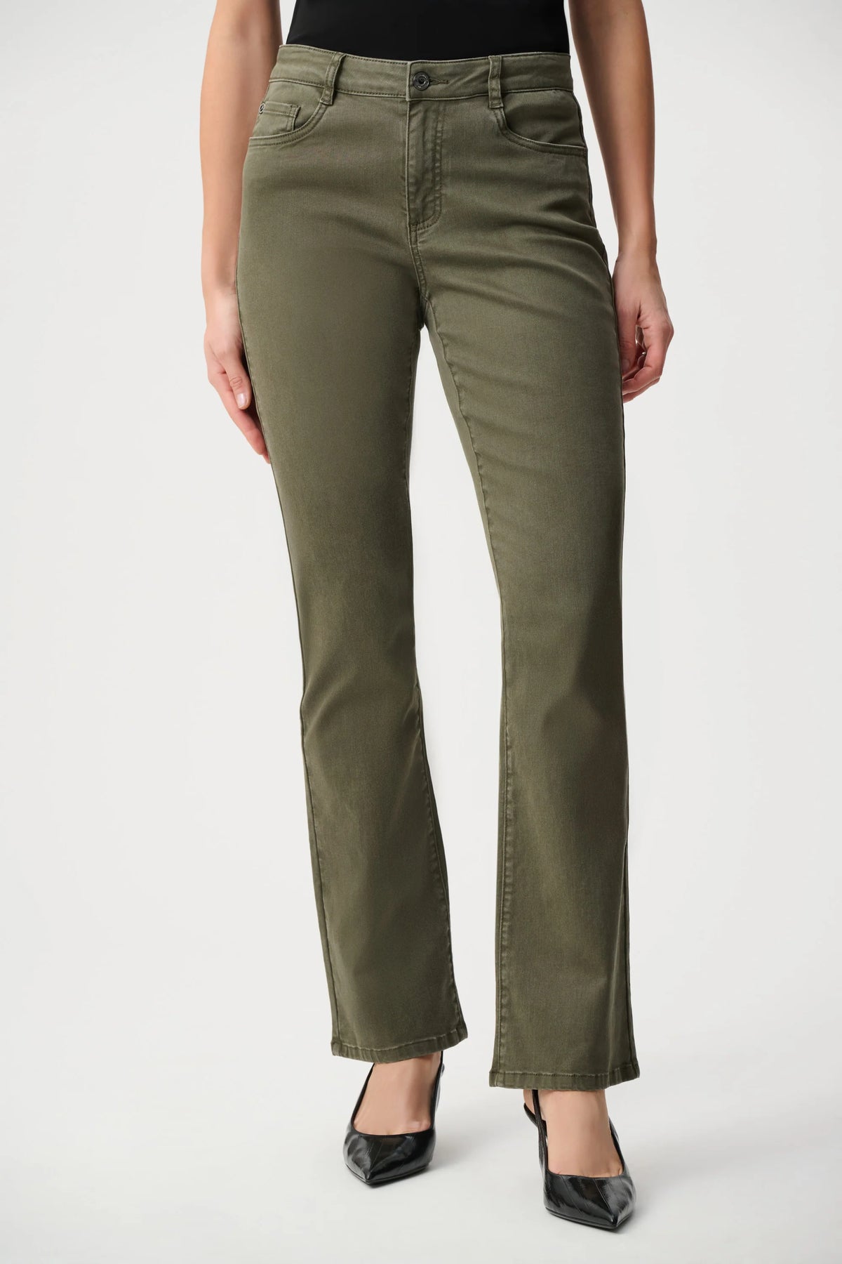 Joseph Ribkoff Brooke Classic Bootcut Jeans in Avocado, style 251967F26 side view showing the leg silhouette