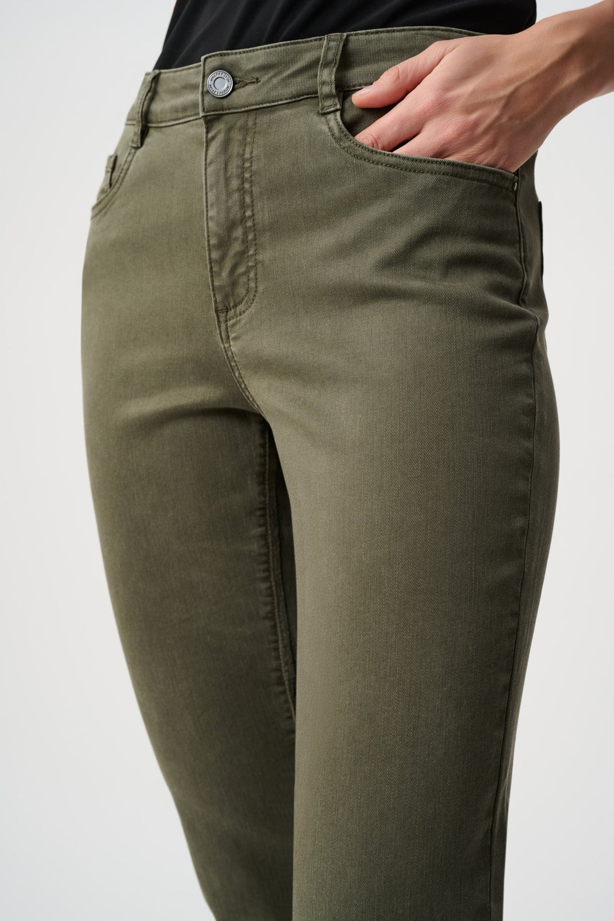 Close-up of waistband and pocket details on Joseph Ribkoff Brooke Classic Bootcut Jeans in Avocado, style 251967F26