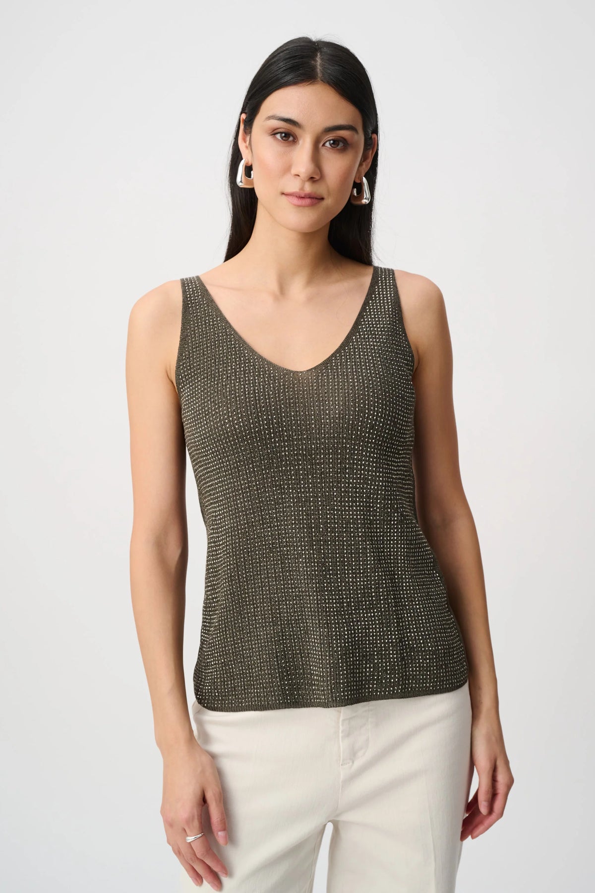 Joseph Ribkoff Rhinestone Knit Camisole in Avocado, style 252915F26 front view