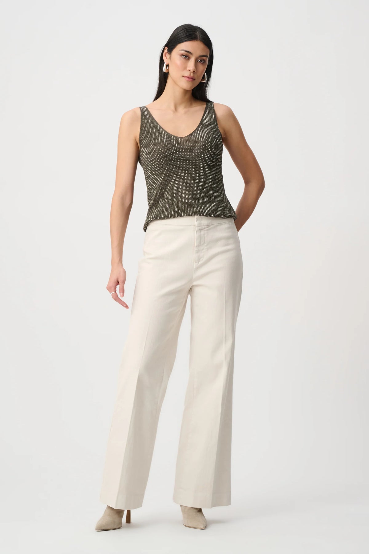 Joseph Ribkoff Rhinestone Knit Camisole in Avocado, style 252915F26 three-quarter model view