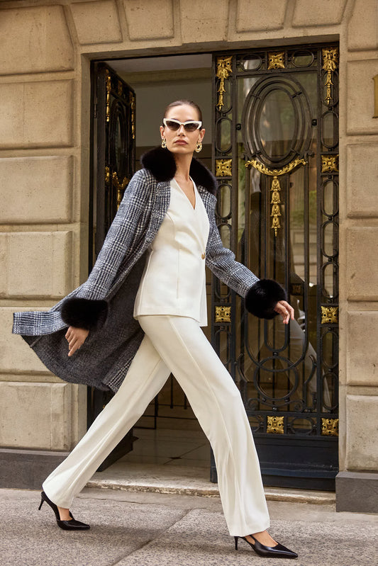 Joseph Ribkoff Feather Yarn Plaid Jacquard Coat with Faux Fur Trim