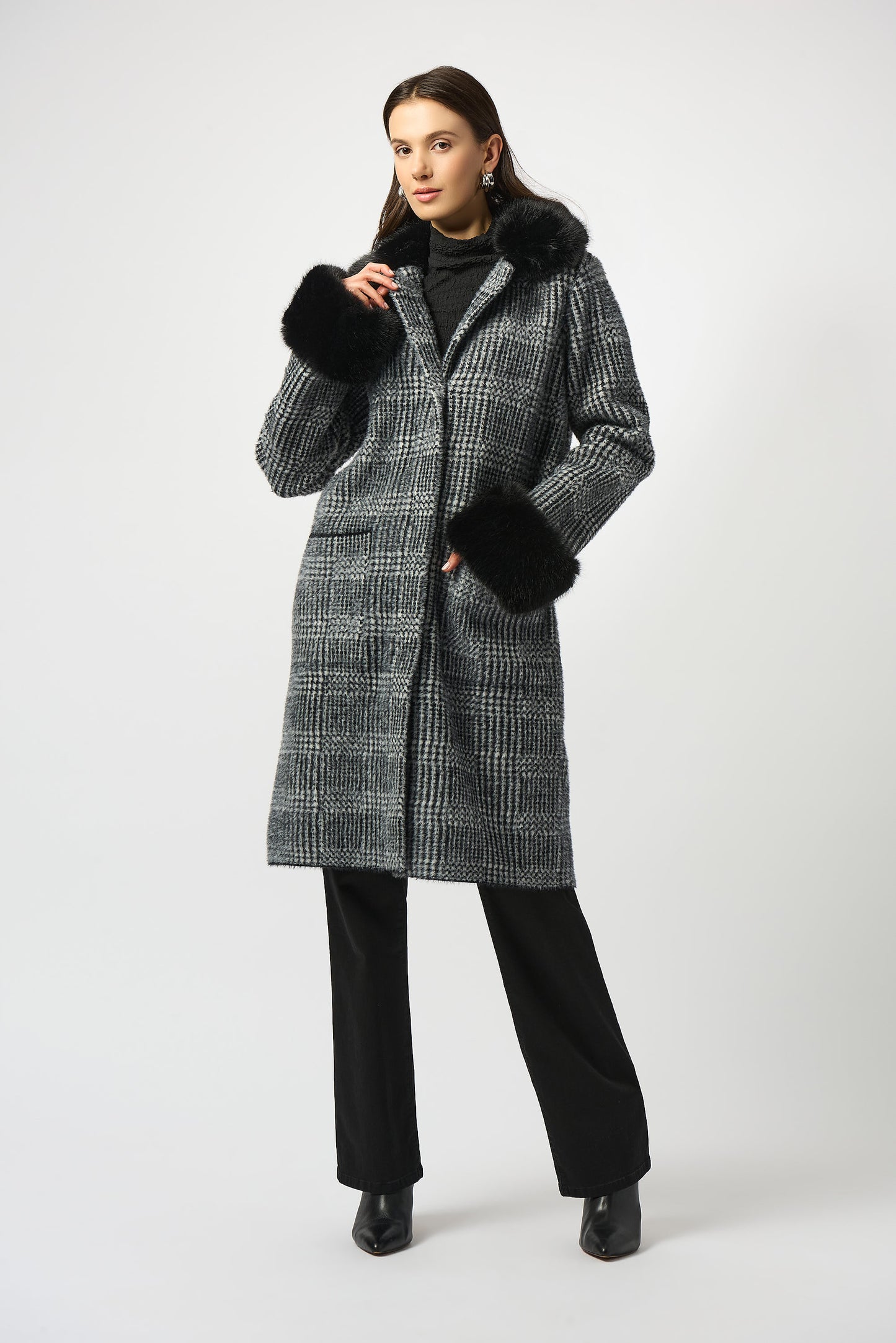 Joseph Ribkoff Feather Yarn Plaid Jacquard Coat with Faux Fur Trim