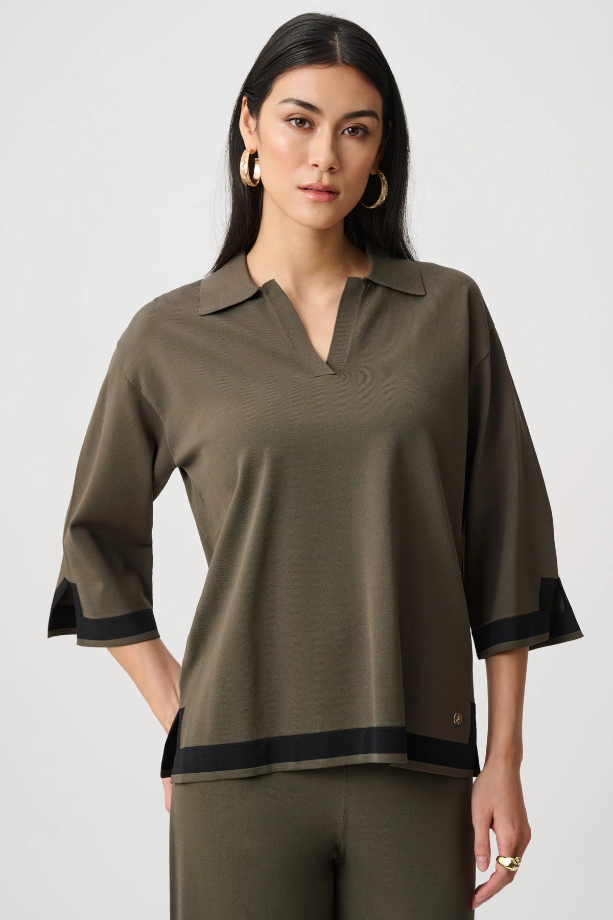 Joseph Ribkoff Sweater Knit Colour Block Top in Avocado/Black, style 253909F26 front view