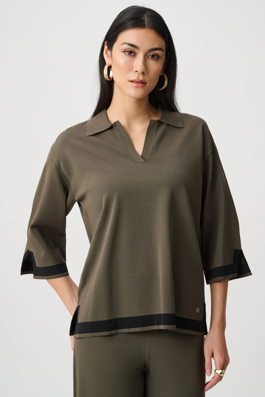 Joseph Ribkoff Sweater Knit Colour Block Top in Avocado/Black, style 253909F26 front view