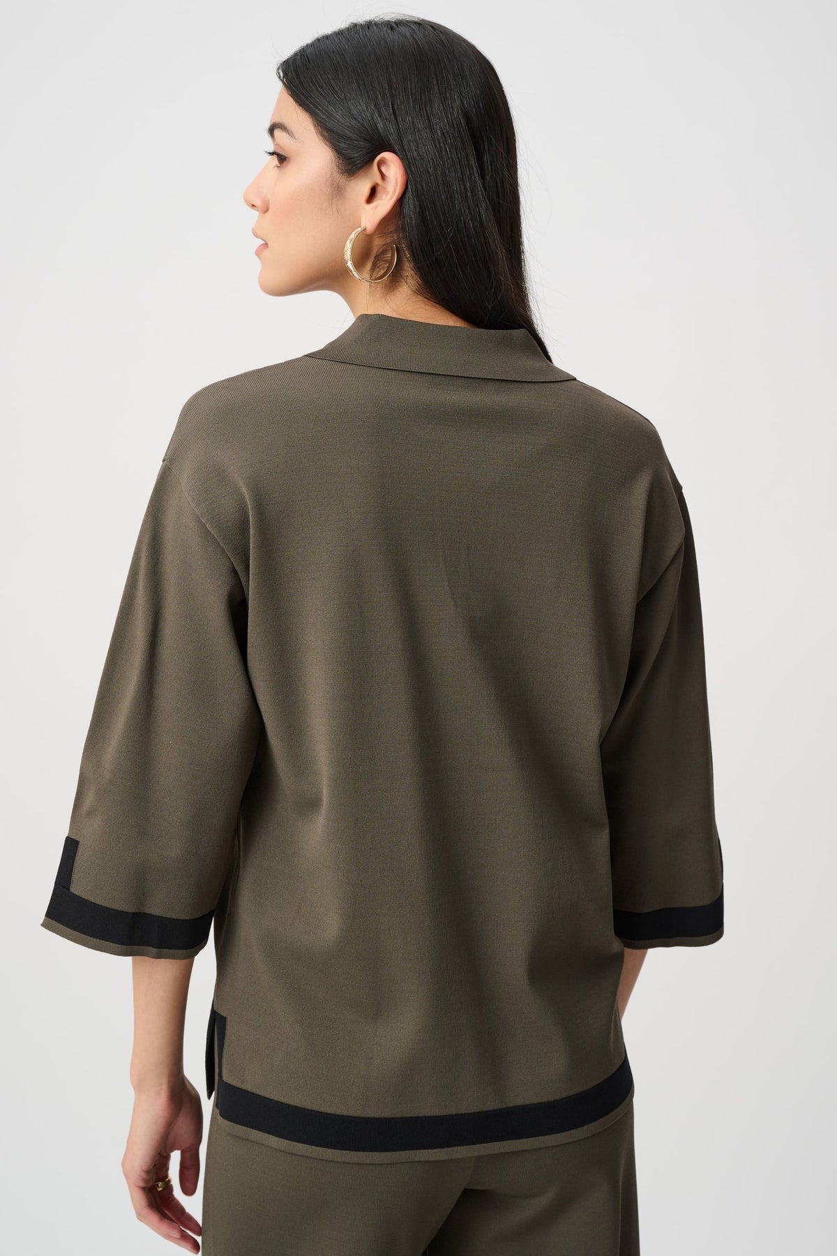 Joseph Ribkoff Sweater Knit Colour Block Top in Avocado/Black, style 253909F26 back view