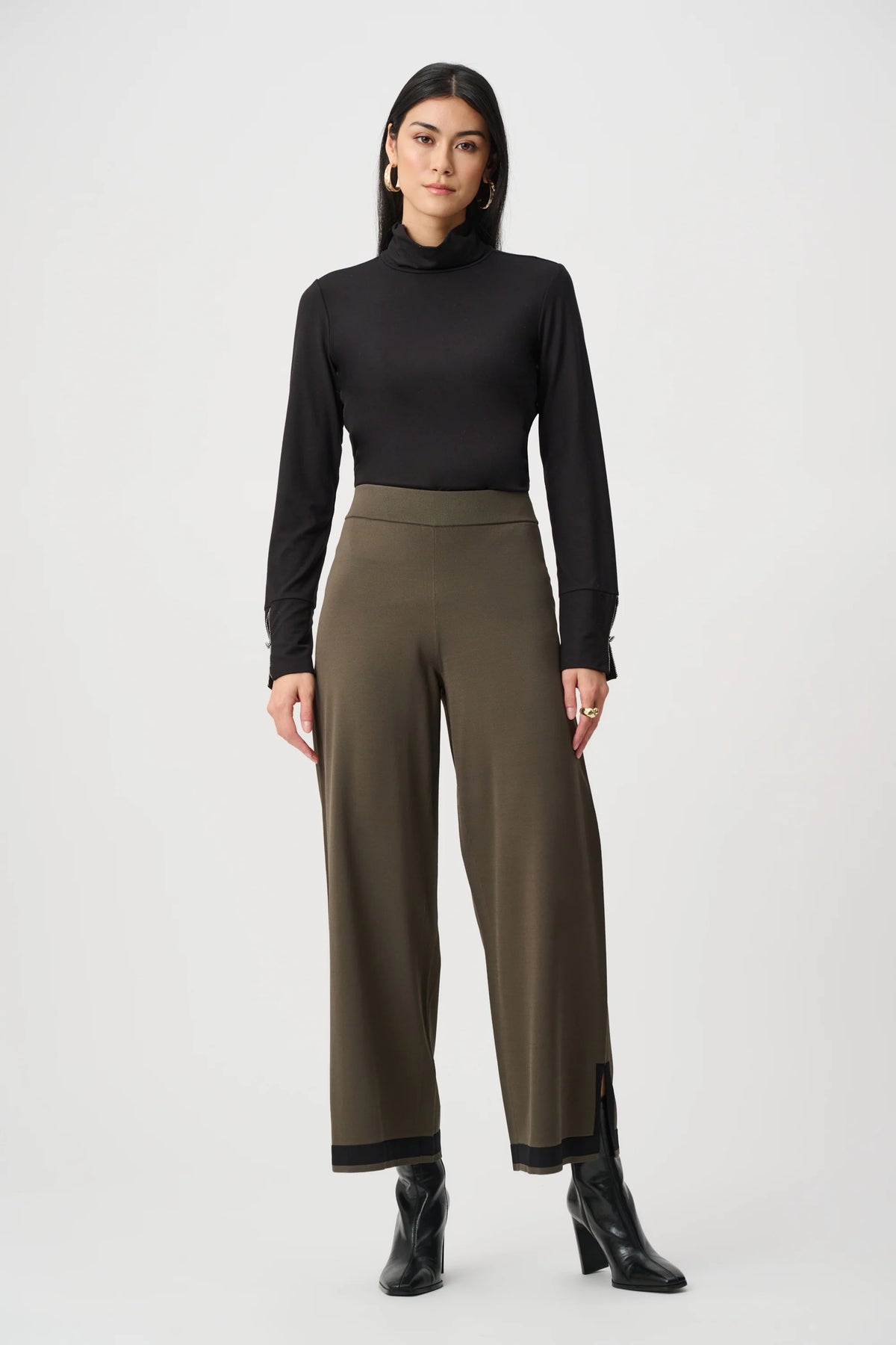 Joseph Ribkoff Colour Block Straight-Leg Knit Pant in Avocado/Black, style 253910F26 front view