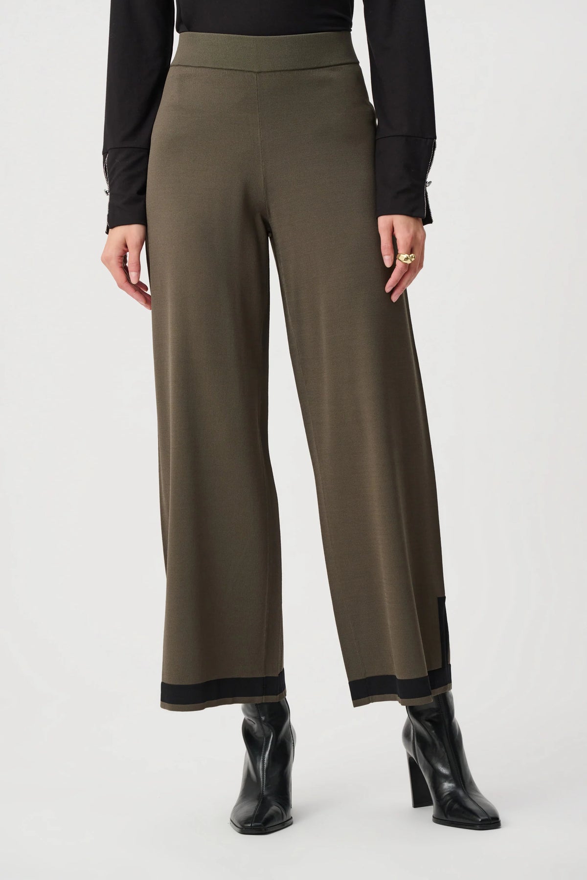 Joseph Ribkoff Colour Block Straight-Leg Knit Pant in Avocado/Black, style 253910F26 side view showing the leg silhouette
