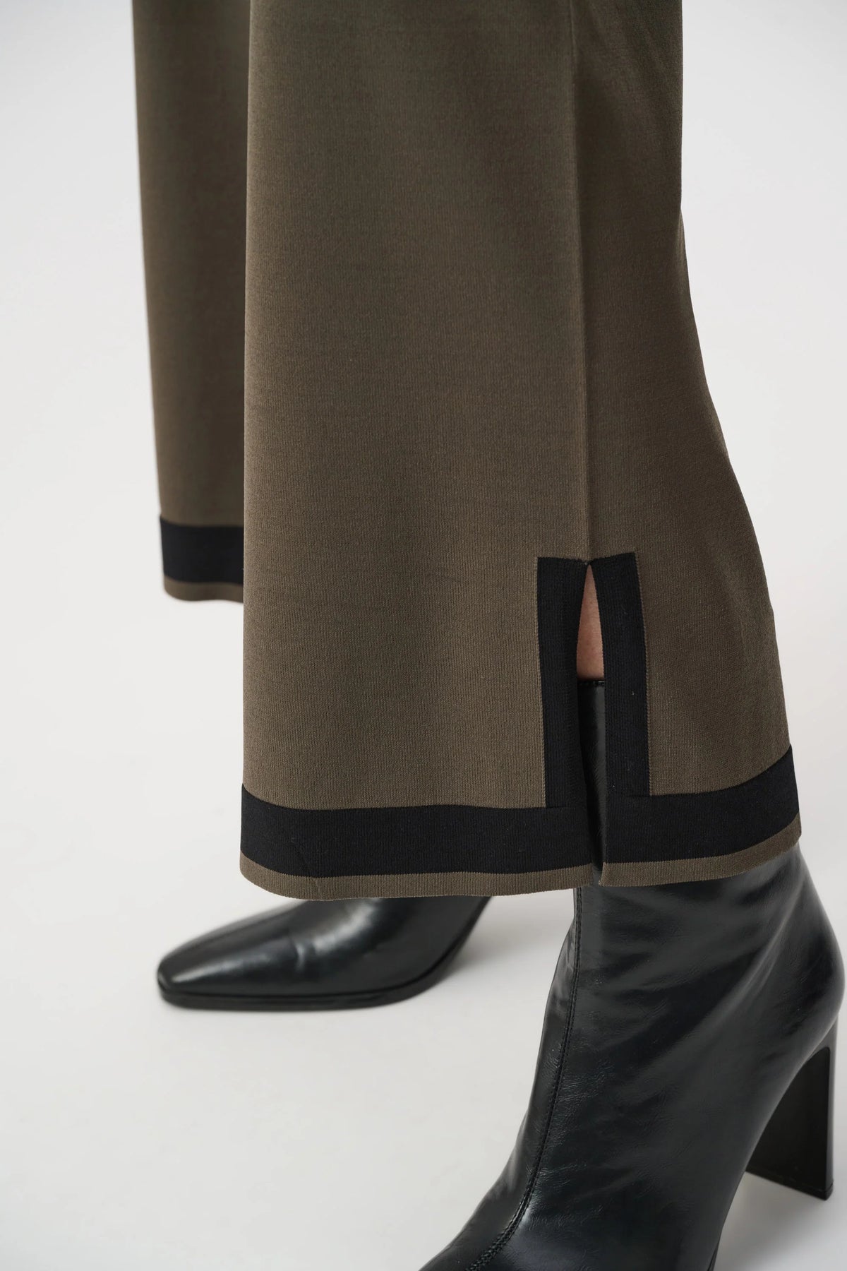 Close-up of waistband and pocket details on Joseph Ribkoff Colour Block Straight-Leg Knit Pant in Avocado/Black, style 253910F26 cuff leg 