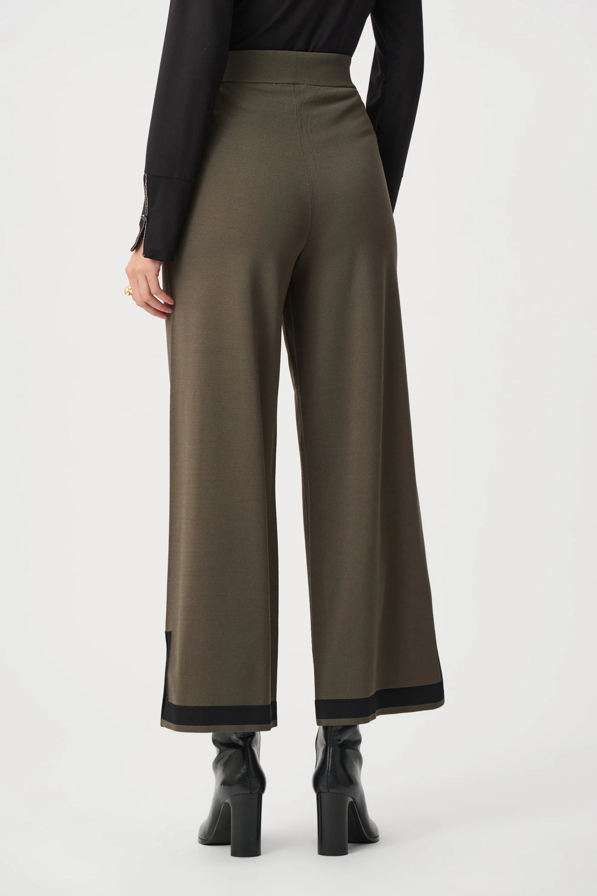 Joseph Ribkoff Colour Block Straight-Leg Knit Pant in Avocado/Black, style 253910F26 back view