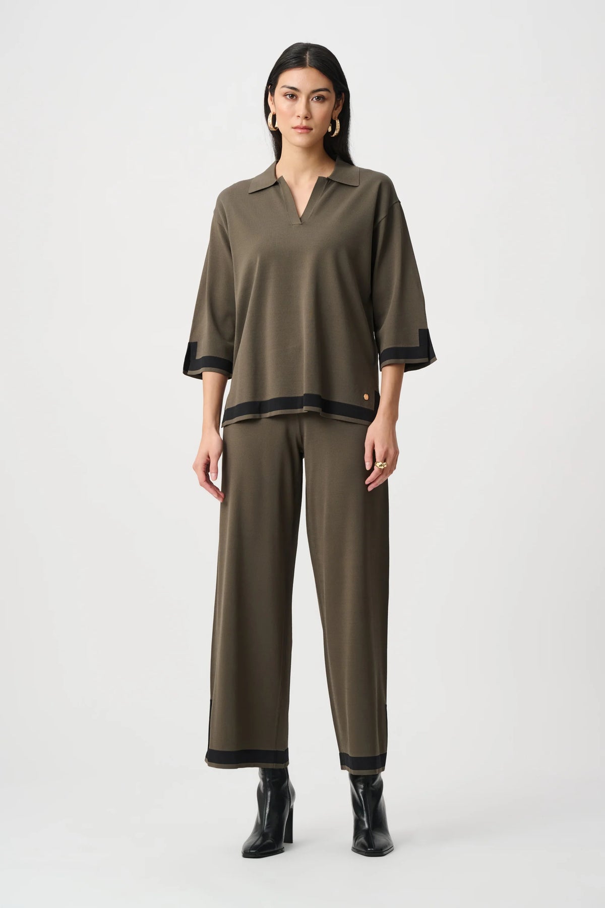 Full-length styled outfit featuring Joseph Ribkoff Colour Block Straight-Leg Knit Pant in Avocado/Black, style 253910F26