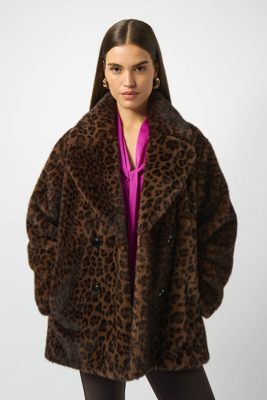 Joseph Ribkoff Faux Fur Leopard Print Double-Breasted Coat