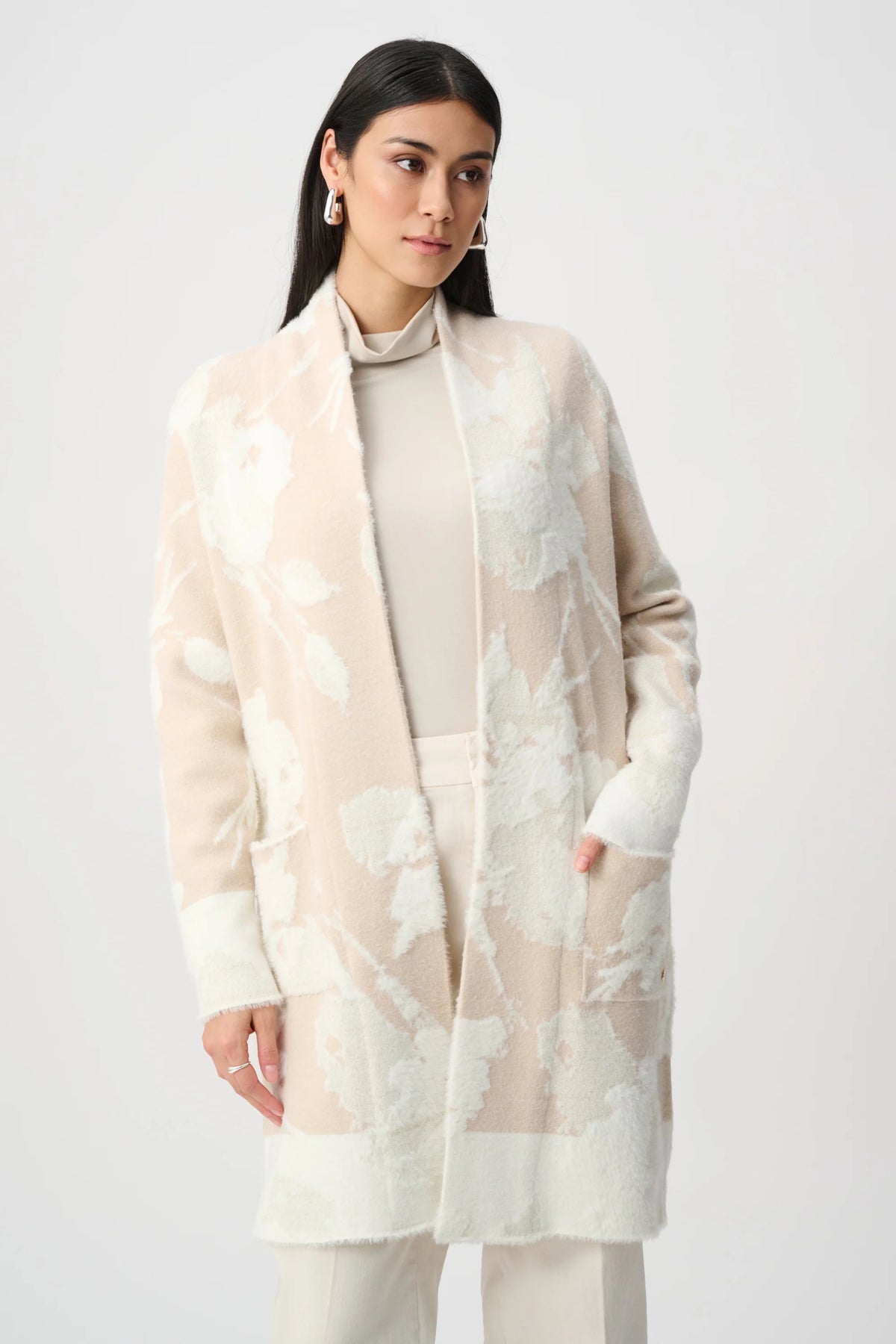 Joseph Ribkoff Floral-Print Open-Front Long Cardigan in Oatmeal/Winter White, style 253956F26 front view