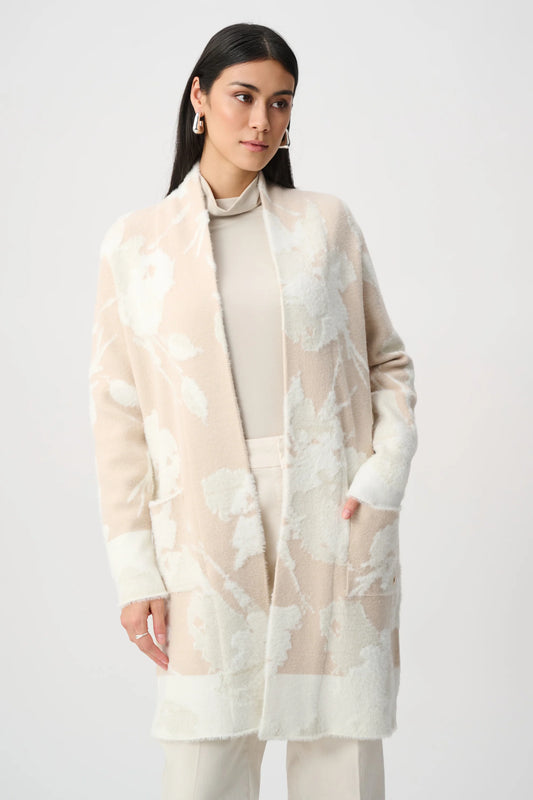 Joseph Ribkoff Floral-Print Open-Front Long Cardigan in Oatmeal/Winter White, style 253956F26 front view