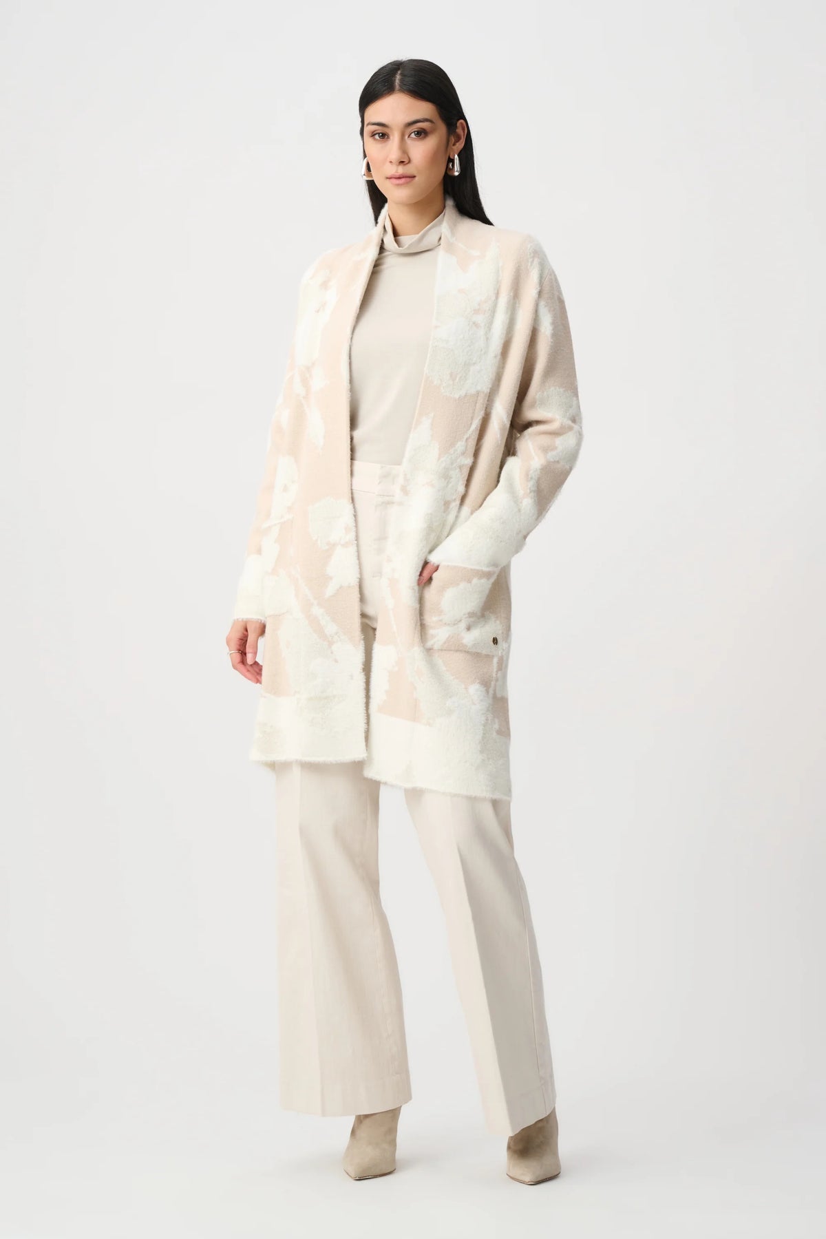 Full-length styled outfit featuring Joseph Ribkoff Floral-Print Open-Front Long Cardigan in Oatmeal/Winter White, style 253956F26