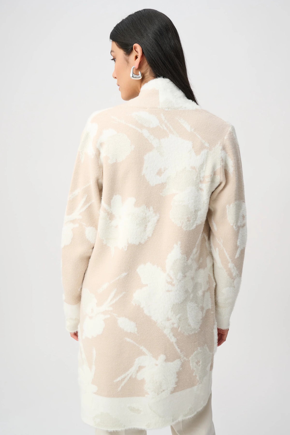 Joseph Ribkoff Floral-Print Open-Front Long Cardigan in Oatmeal/Winter White, style 253956F26 back view