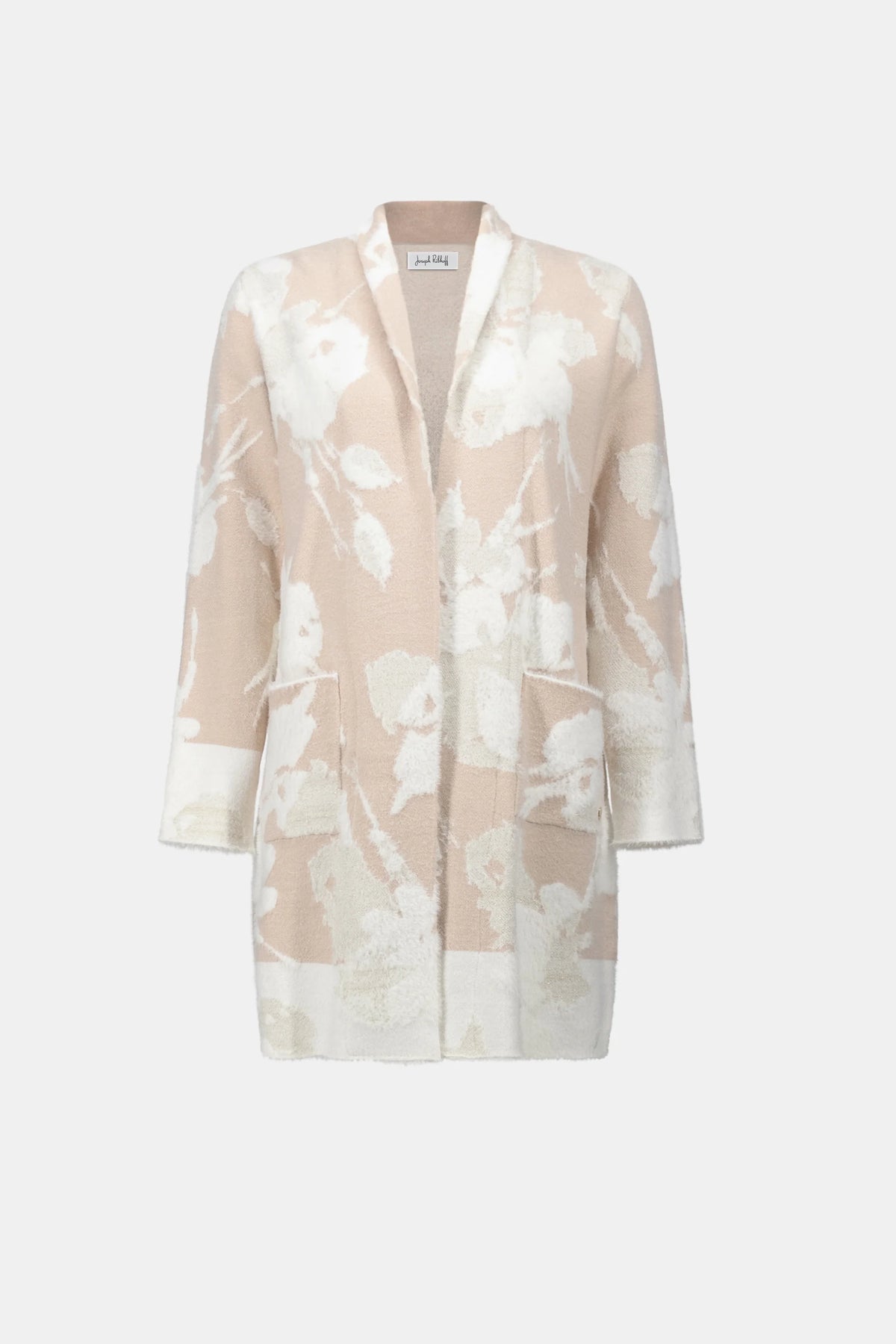 Product-only view of Joseph Ribkoff Floral-Print Open-Front Long Cardigan in Oatmeal/Winter White, style 253956F26