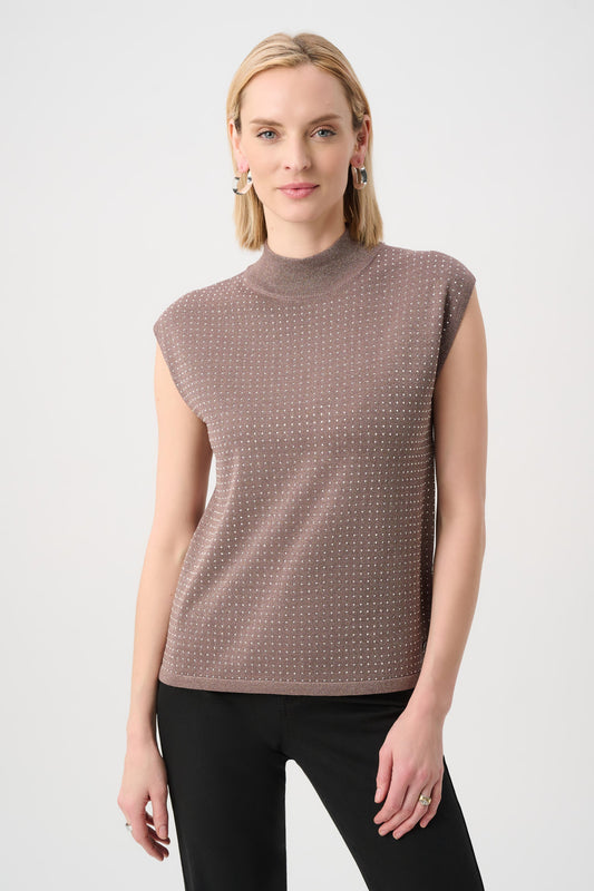 Joseph Ribkoff Embellished Sleeveless Sweater in Mink/Gold, style 254935F26 shown from the front