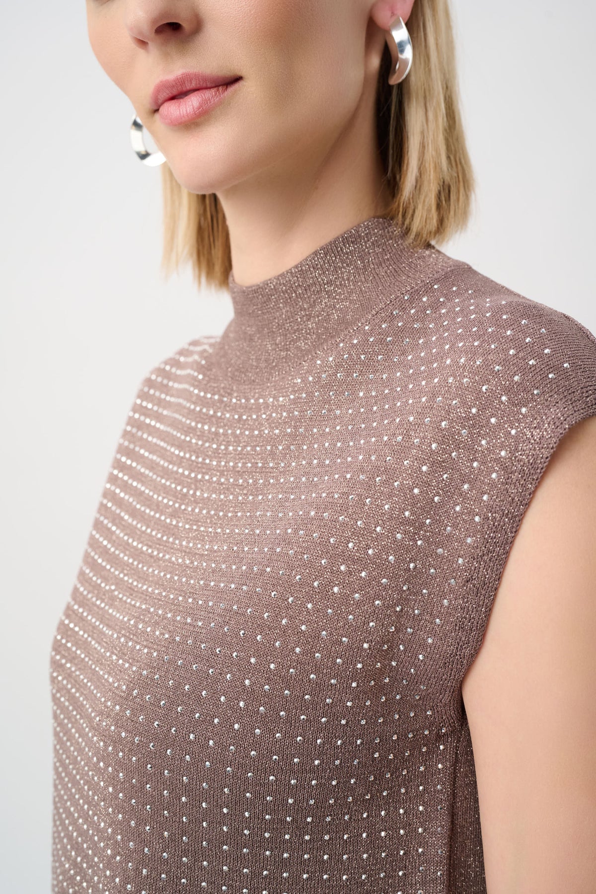 Close-up of neckline and upper-body details on Joseph Ribkoff Embellished Sleeveless Sweater in Mink/Gold, style 254935F26