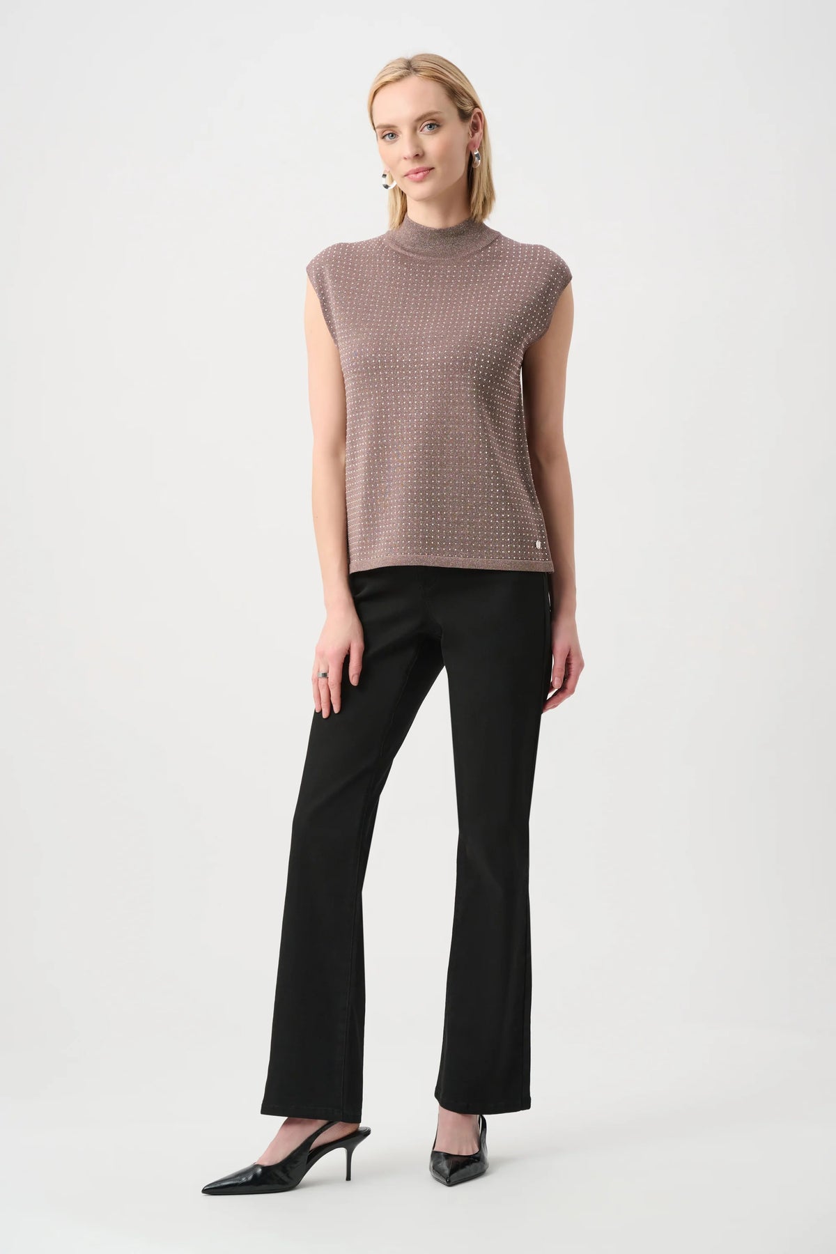 Full styled view featuring Joseph Ribkoff Embellished Sleeveless Sweater in Mink/Gold, style 254935F26