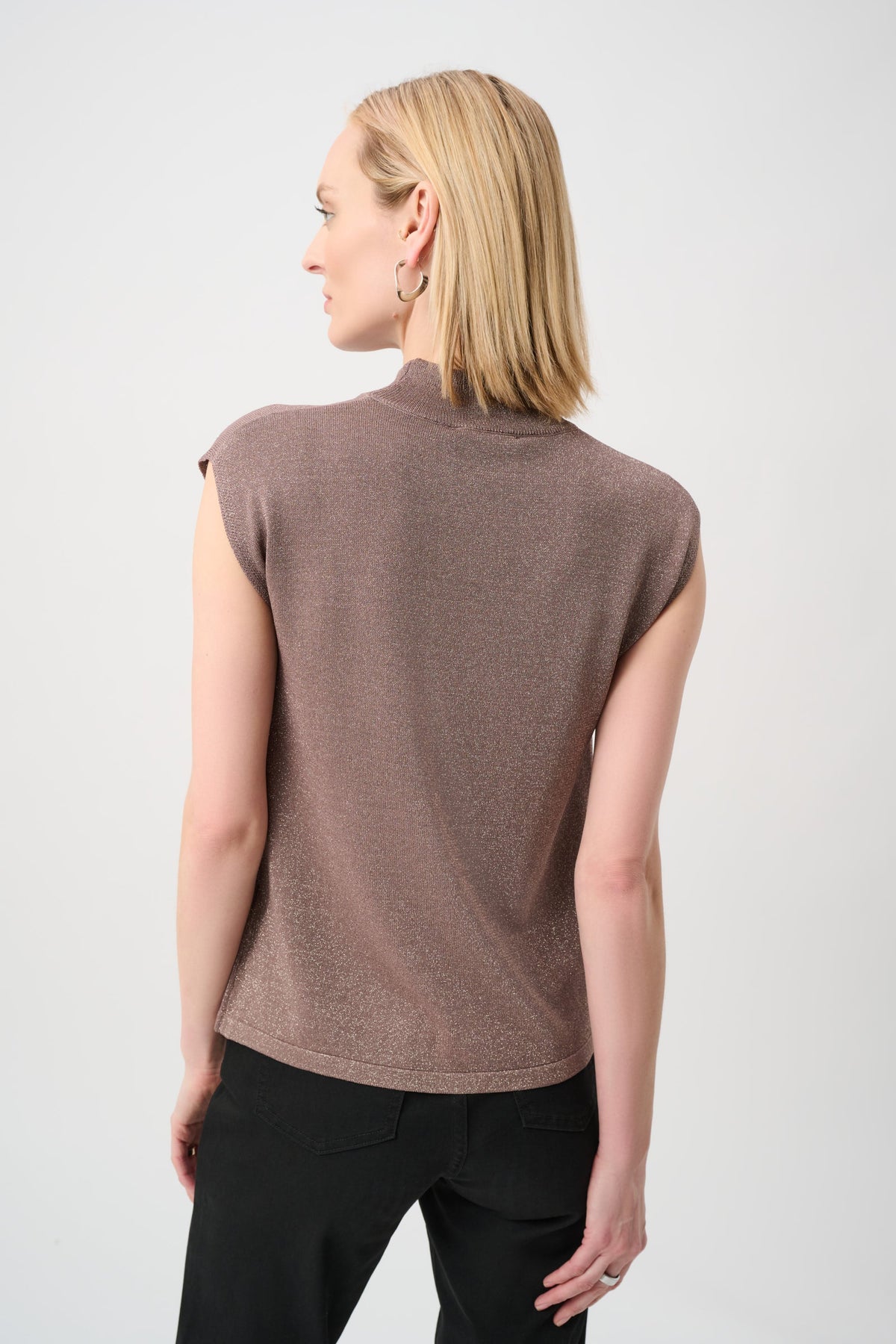 Joseph Ribkoff Embellished Sleeveless Sweater in Mink/Gold, style 254935F26 shown from the back