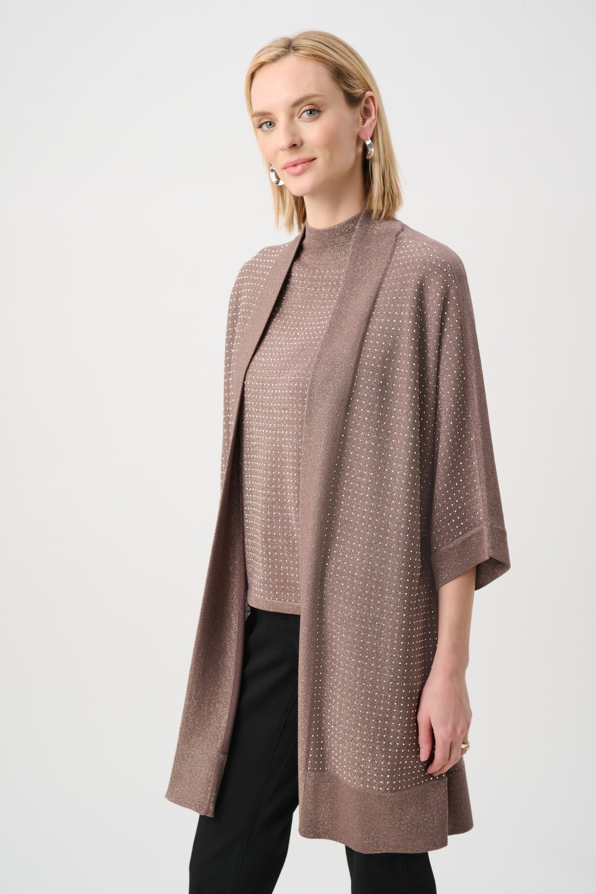 Joseph Ribkoff Knit Open Cardigan With Iron-On Detail in Mink/Gold, style 254937F26 shown from the front
