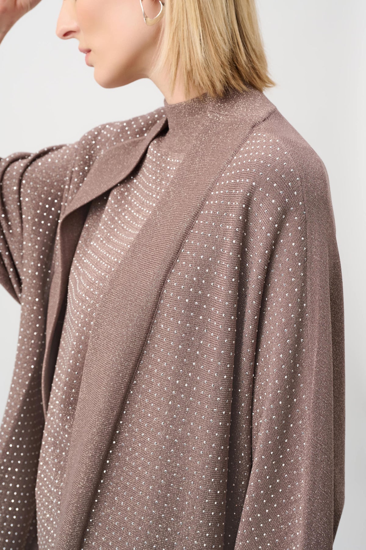 Close-up of neckline and upper-body details on Joseph Ribkoff Knit Open Cardigan With Iron-On Detail in Mink/Gold, style 254937F26