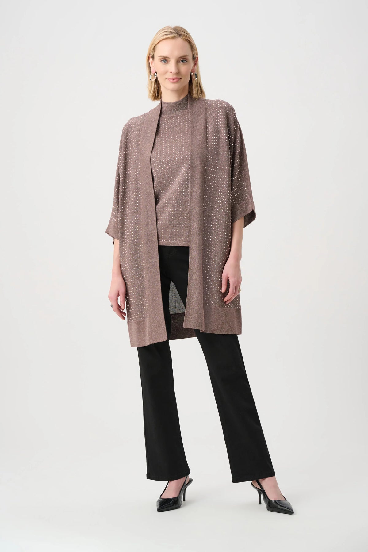 Full styled view featuring Joseph Ribkoff Knit Open Cardigan With Iron-On Detail in Mink/Gold, style 254937F26