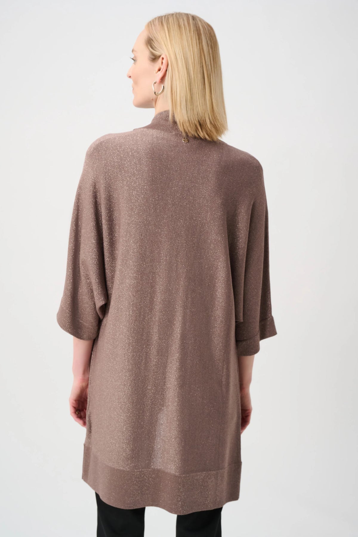 Joseph Ribkoff Knit Open Cardigan With Iron-On Detail in Mink/Gold, style 254937F26 shown from the back