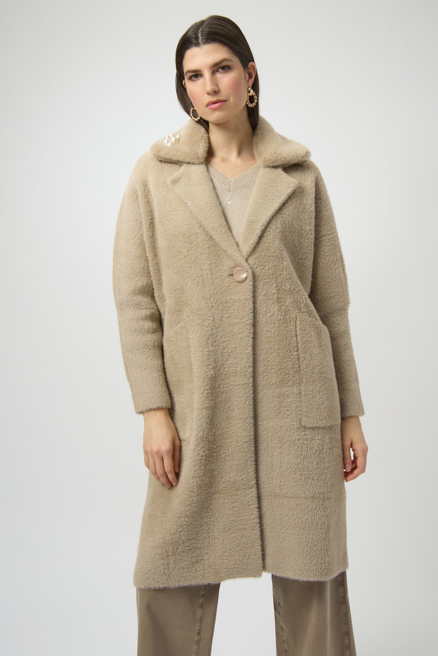 Joseph Ribkoff Feather Yarn and Faux Fur Sweater Coat