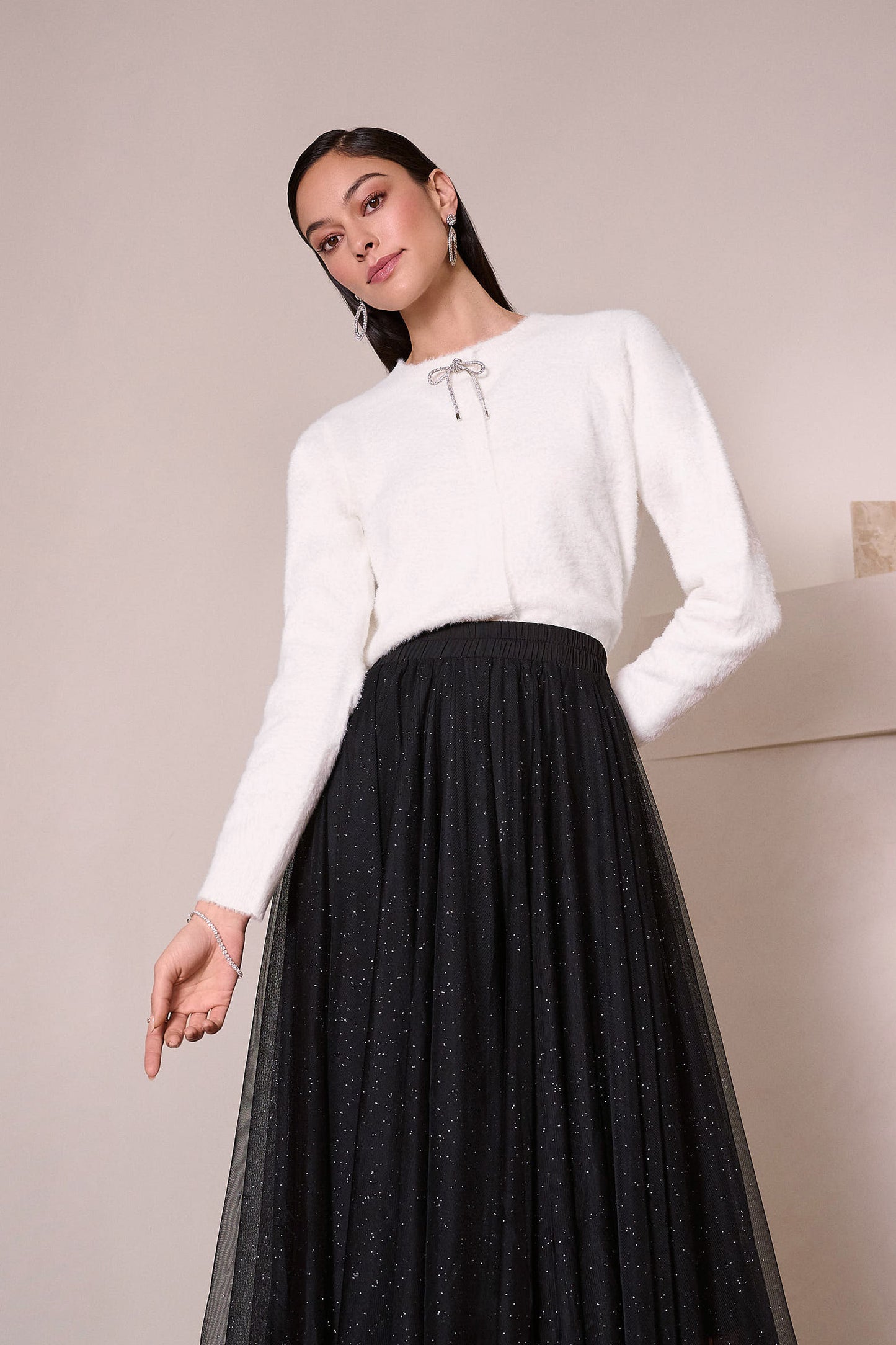 Joseph Ribkoff Feather Yarn Cardigan with Rhinestone Bow