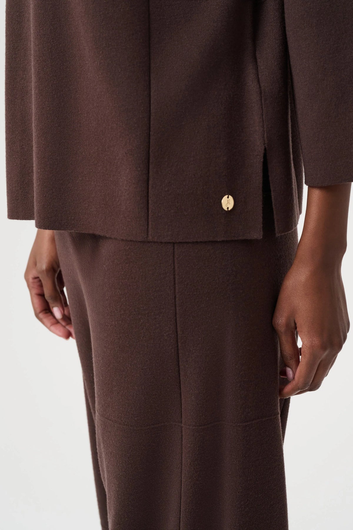 Close-up of sleeve, fabric or embellishment detail on Joseph Ribkoff Brushed Viscose Mock-Neck Sweater in Mocha, style 261981F26