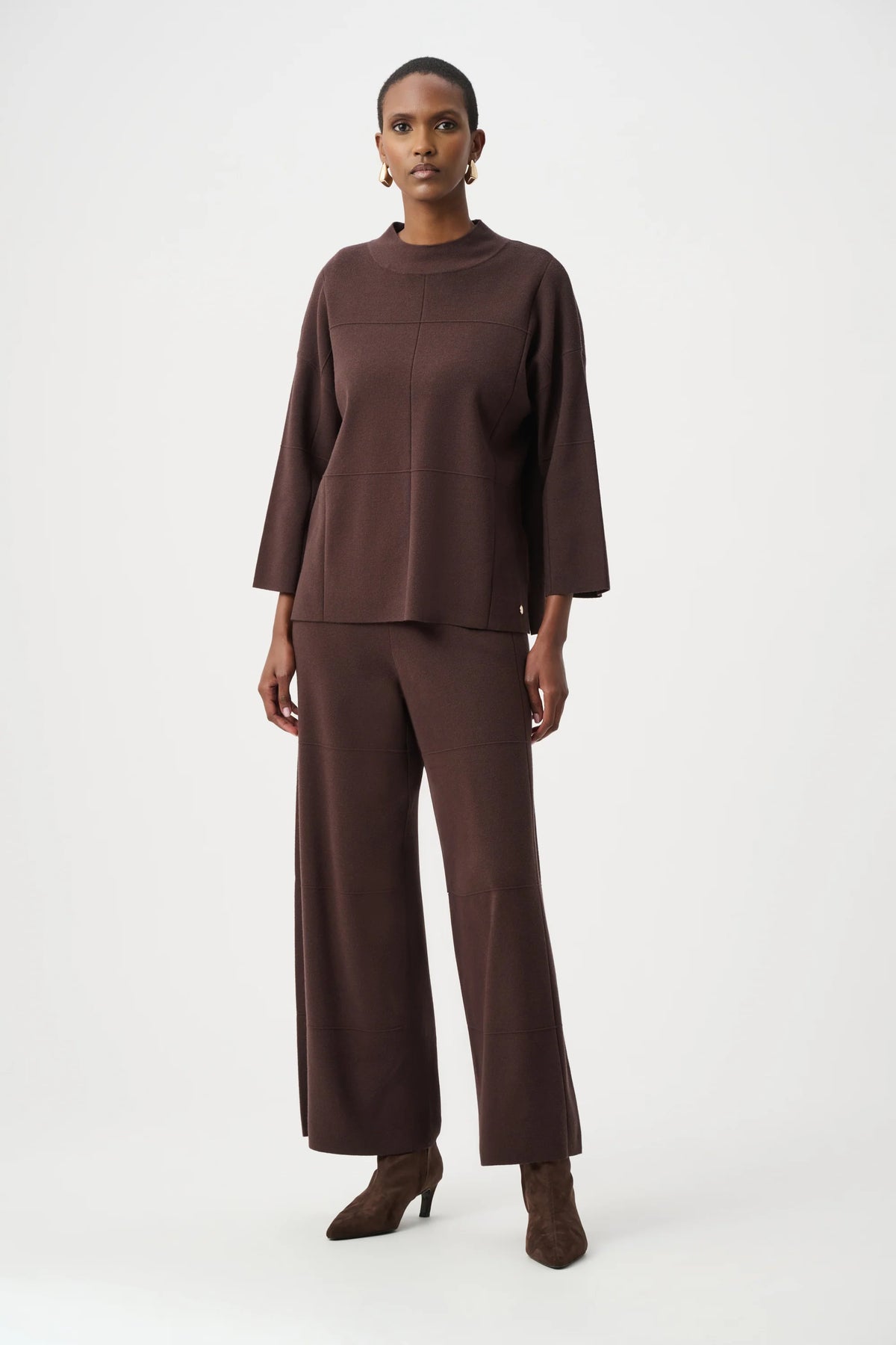 Styled outfit view featuring Joseph Ribkoff Brushed Viscose Mock-Neck Sweater in Mocha, style 261981F26