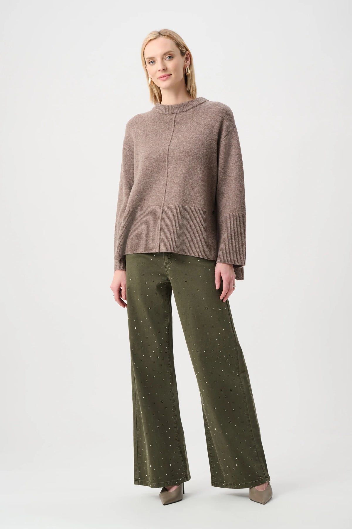 Joseph Ribkoff Rhinestone Featherweave Wide-Leg Jeans in Avocado, style 262940F26 front view