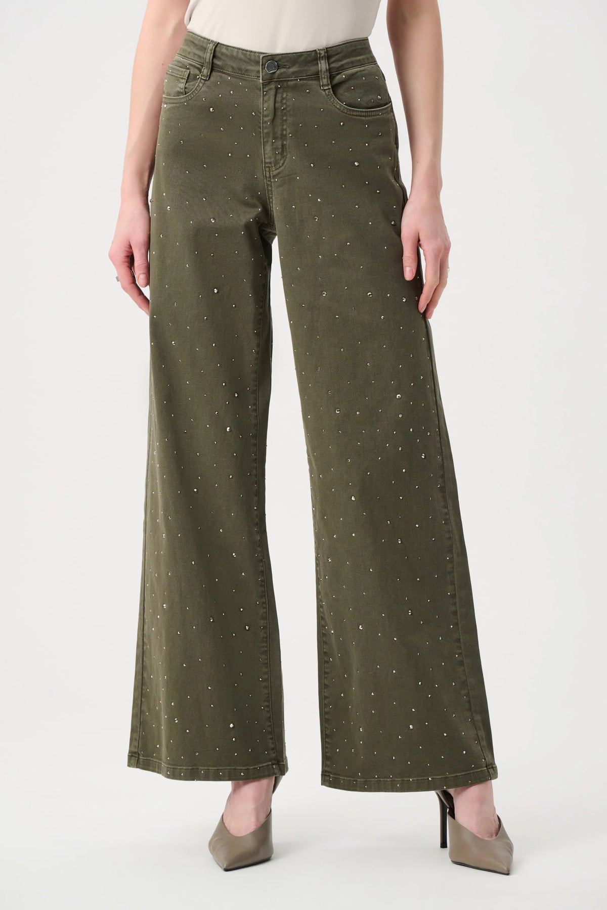 Joseph Ribkoff Rhinestone Featherweave Wide-Leg Jeans in Avocado, style 262940F26 side view showing the leg silhouette
