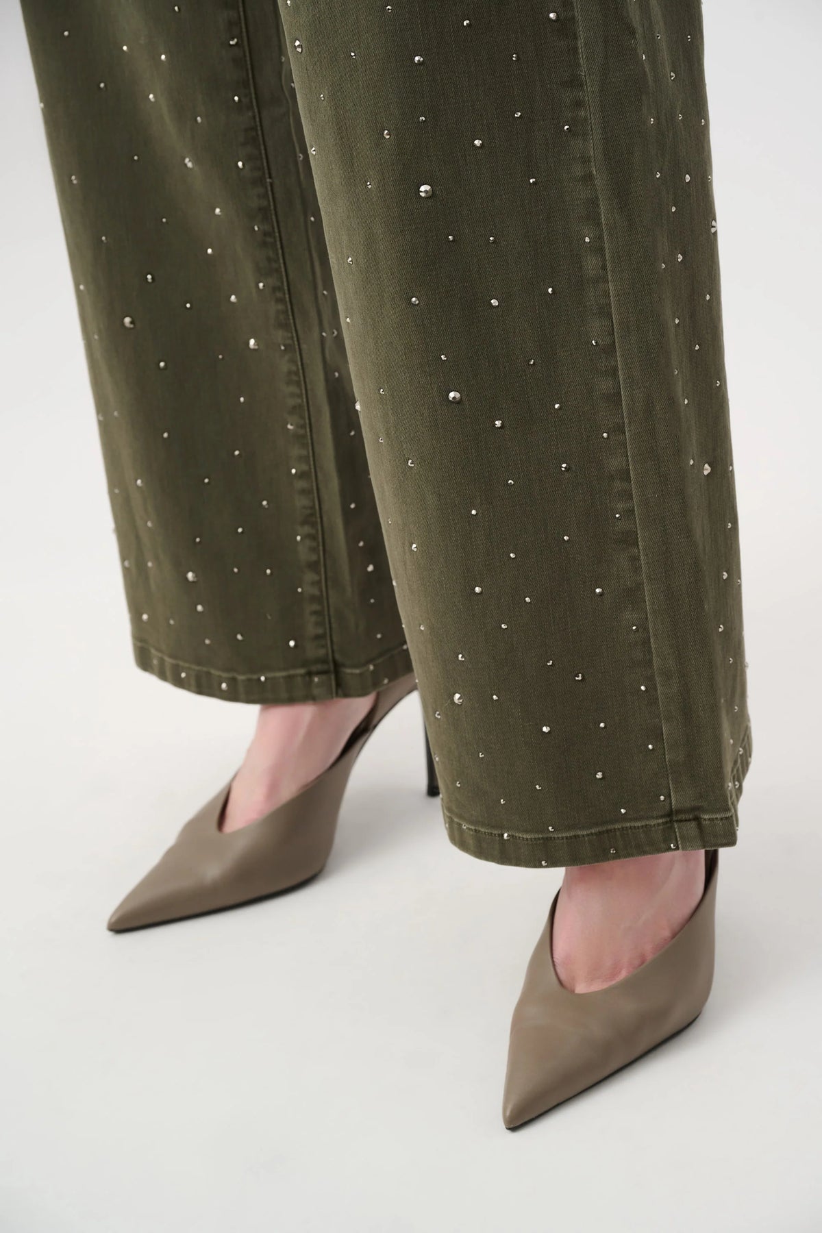 Close-up of fabric and leg detailing on Joseph Ribkoff Rhinestone Featherweave Wide-Leg Jeans in Avocado, style 262940F26