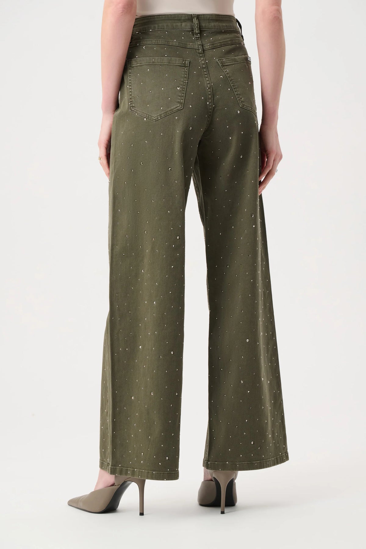 Joseph Ribkoff Rhinestone Featherweave Wide-Leg Jeans in Avocado, style 262940F26 back view