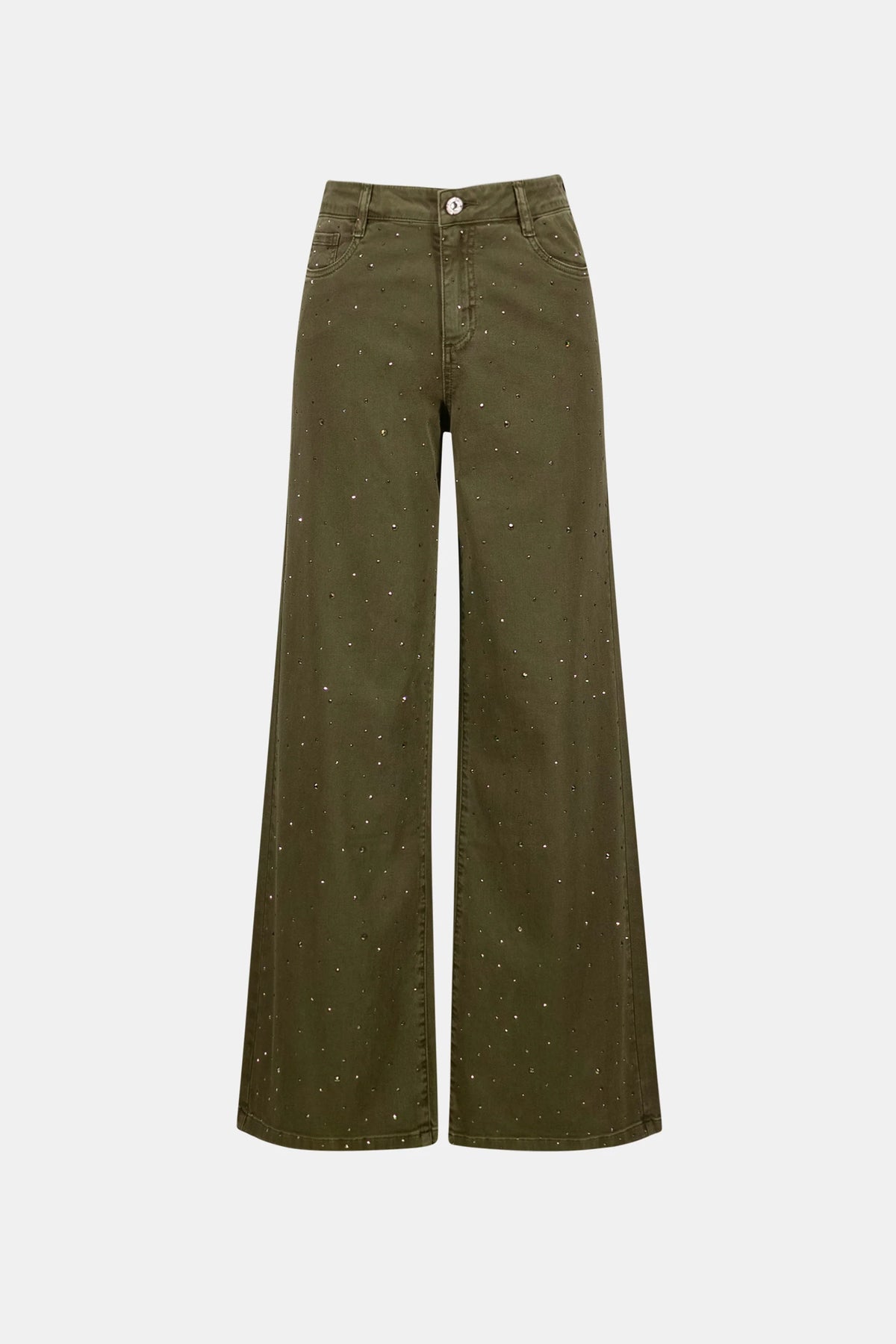Product-only view of Joseph Ribkoff Rhinestone Featherweave Wide-Leg Jeans in Avocado, style 262940F26