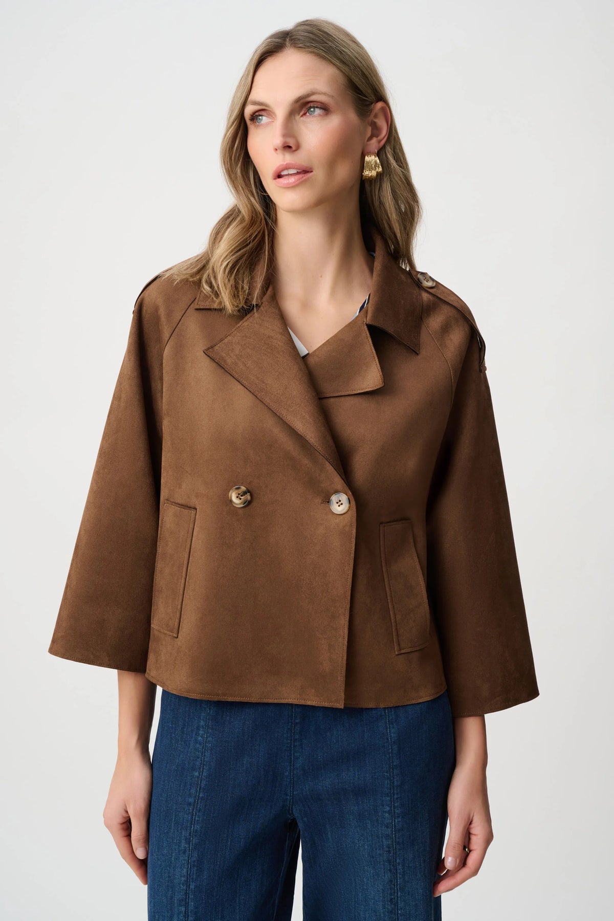 Joseph Ribkoff Faux Suede Cropped Jacket in Brown, style 263000 front view