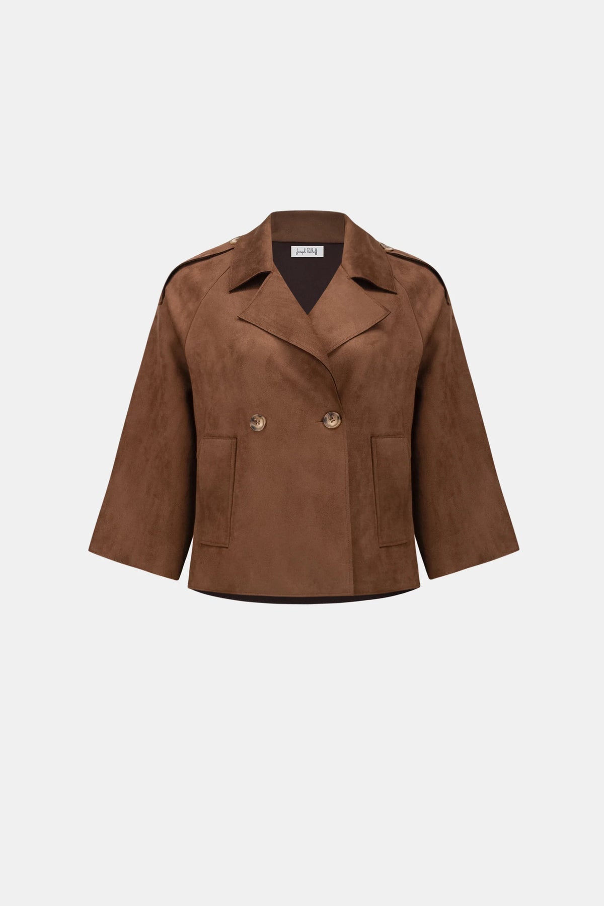 Product-only view of Joseph Ribkoff Faux Suede Cropped Jacket in Brown, style 263000