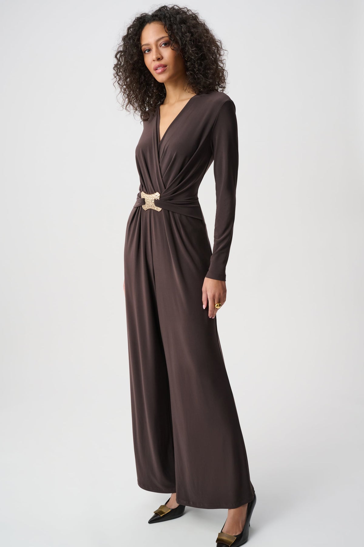 Joseph Ribkoff Joseph Ribkoff Mocha Jumpsuit in Mocha, style 263005 three-quarter view showing the silhouette side 