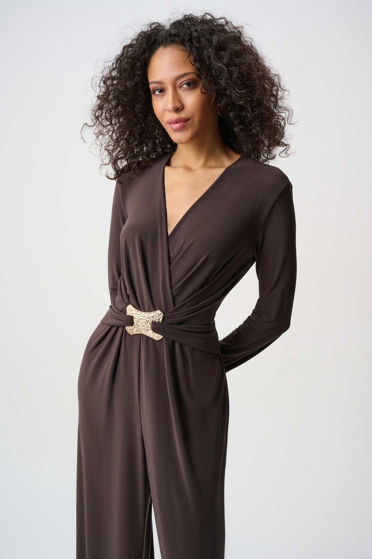 Close-up of neckline and bodice details on Joseph Ribkoff Joseph Ribkoff Mocha Jumpsuit in Mocha, style 263005
